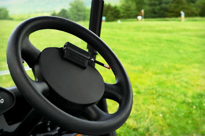 steering wheel of a golf cart, green field