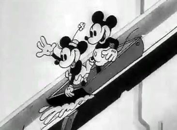 Mickey Mouse and Minnie Mouse sliding on the water